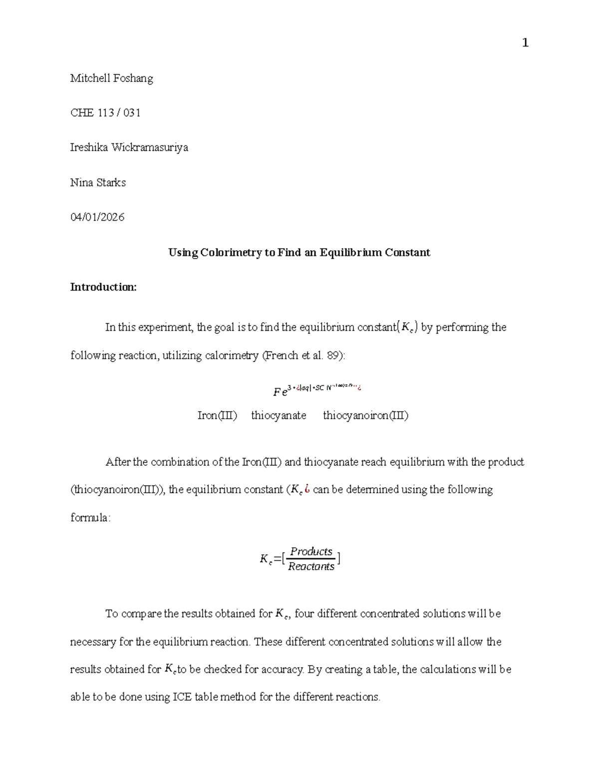CHE 113 Experiment 15 Lab Report: Using Colorimetry to Determine Kc ...
