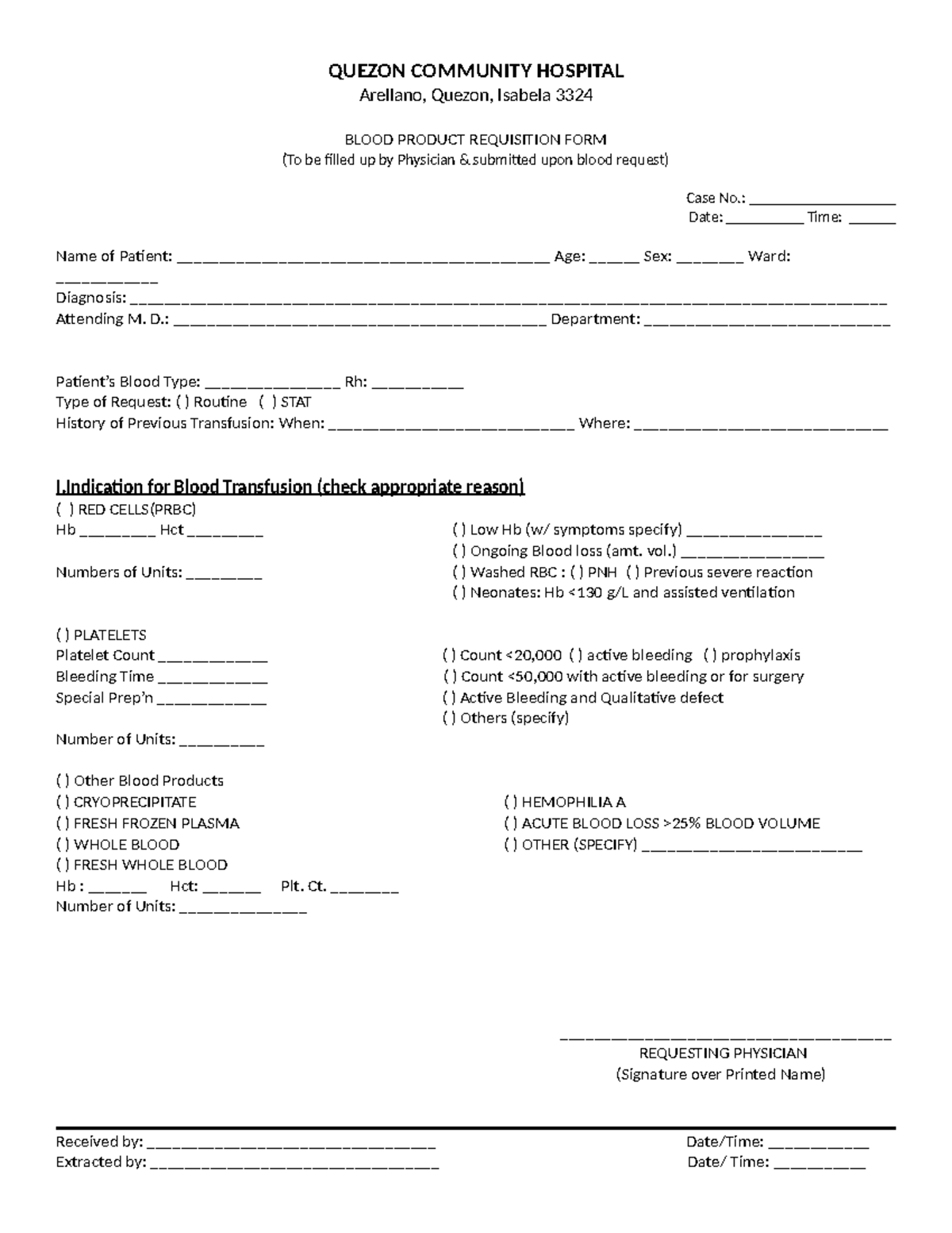 BLOOD PRODUCT REQUISITION FORM for CKD Patients - Arellano, Quezon ...
