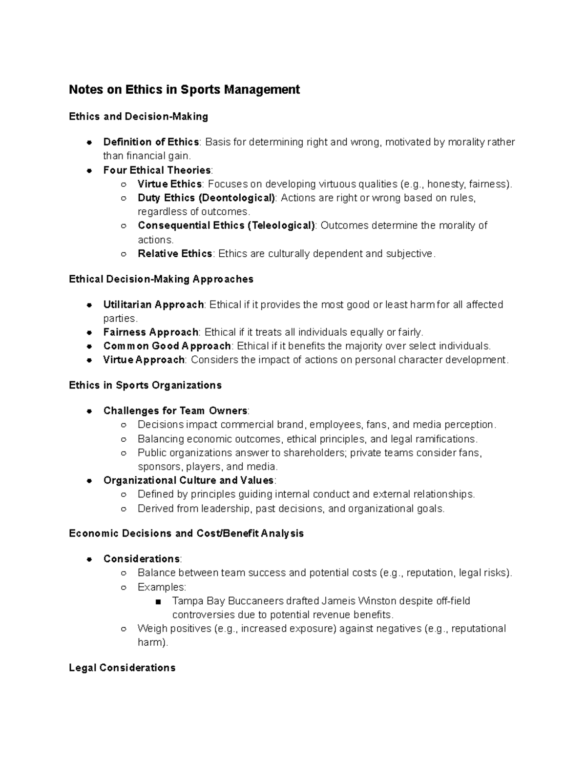 SM 101: Unit 1 Notes on Ethics and Decision-Making in Sports Management ...