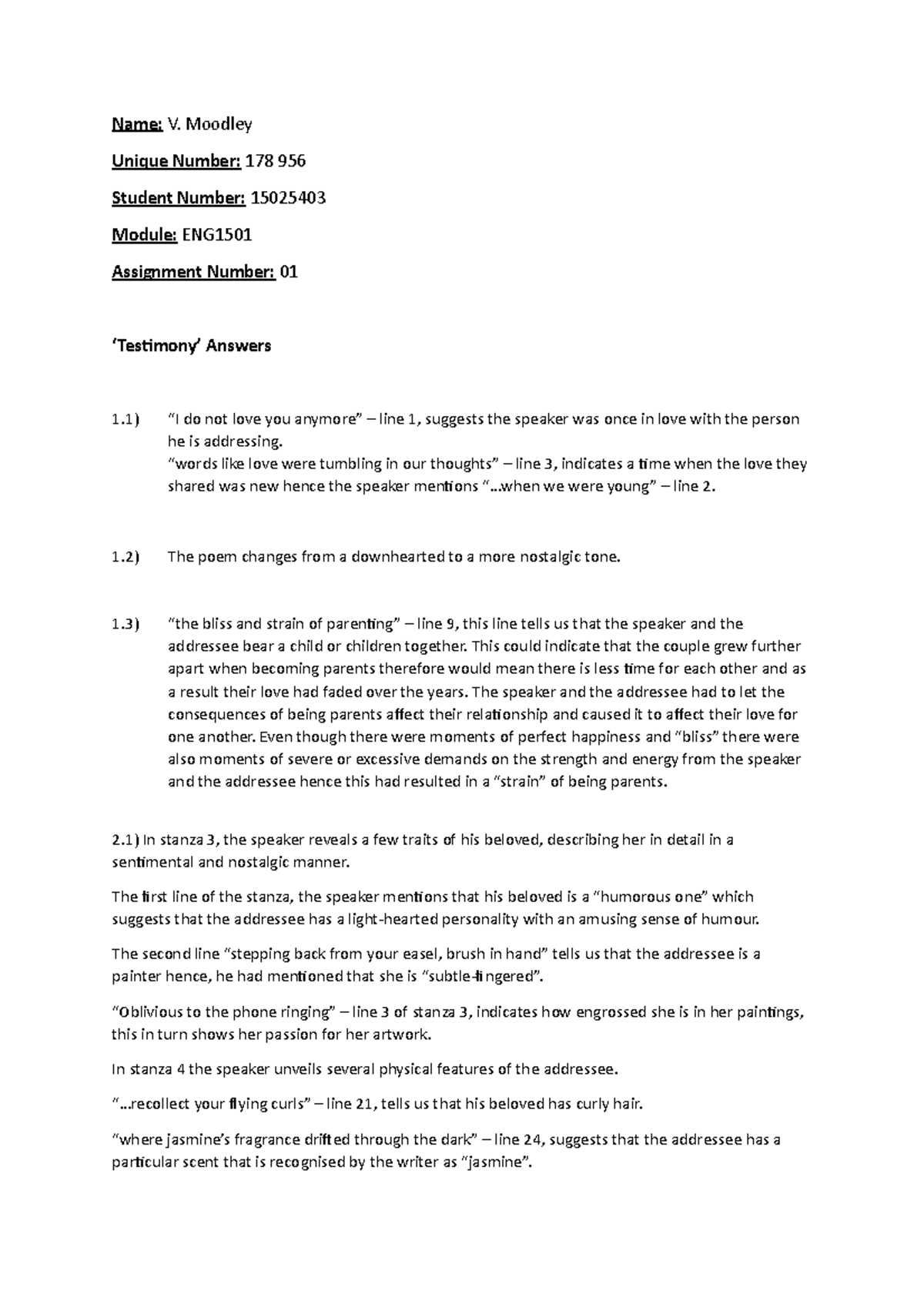 ENG 101: Poetry Analysis Assignment 1 - Examining 'Testimony' by Chris ...
