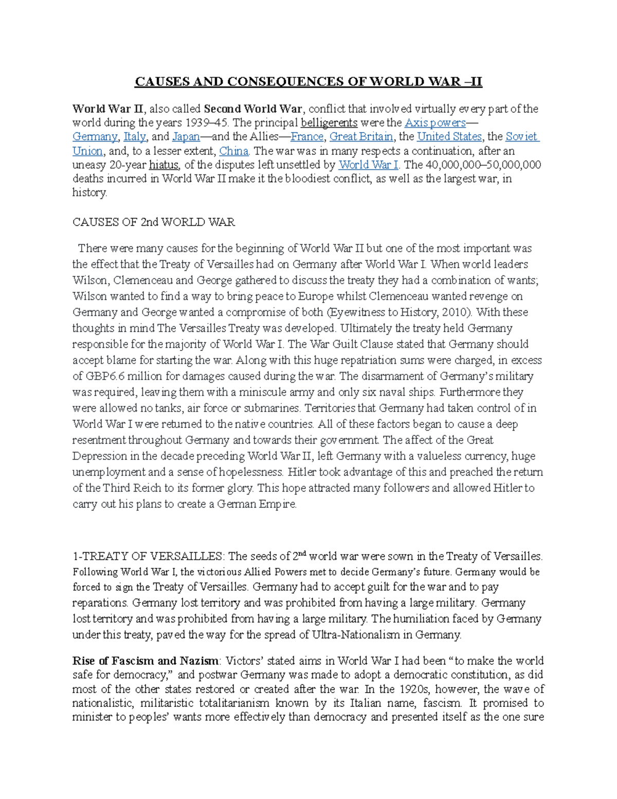 Causes AND Consequences OF World WAR - CAUSES AND CONSEQUENCES OF WORLD ...