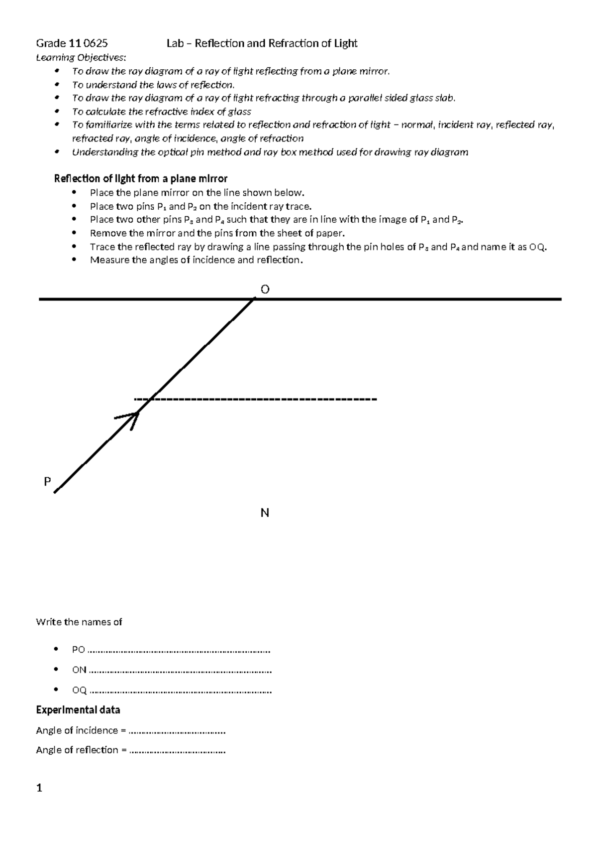 Grade 11 0625 Lab: Reflection & Refraction of Light Worksheet - Studocu