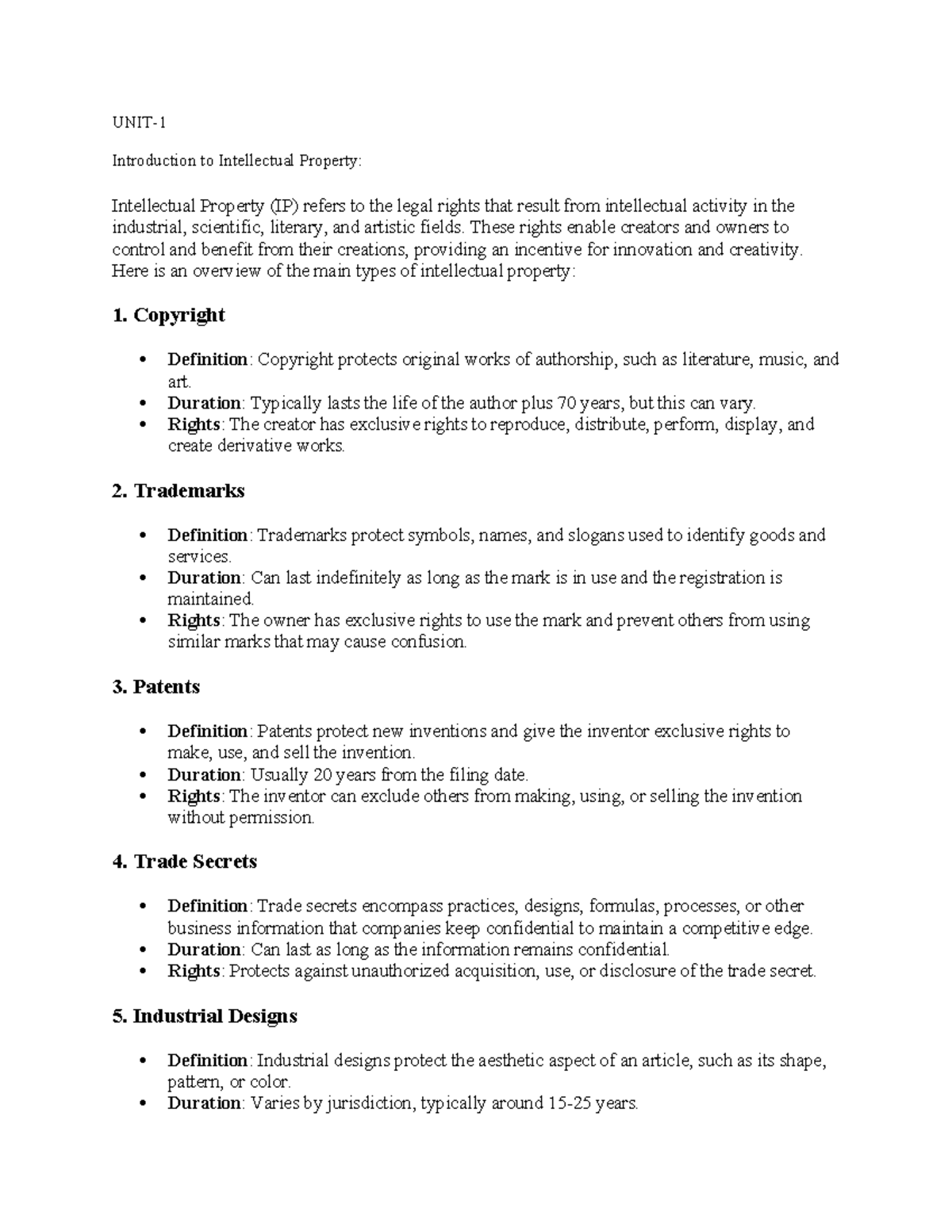 IPR UNIT-1 - Ipr - UNIT- Introduction to Intellectual Property ...