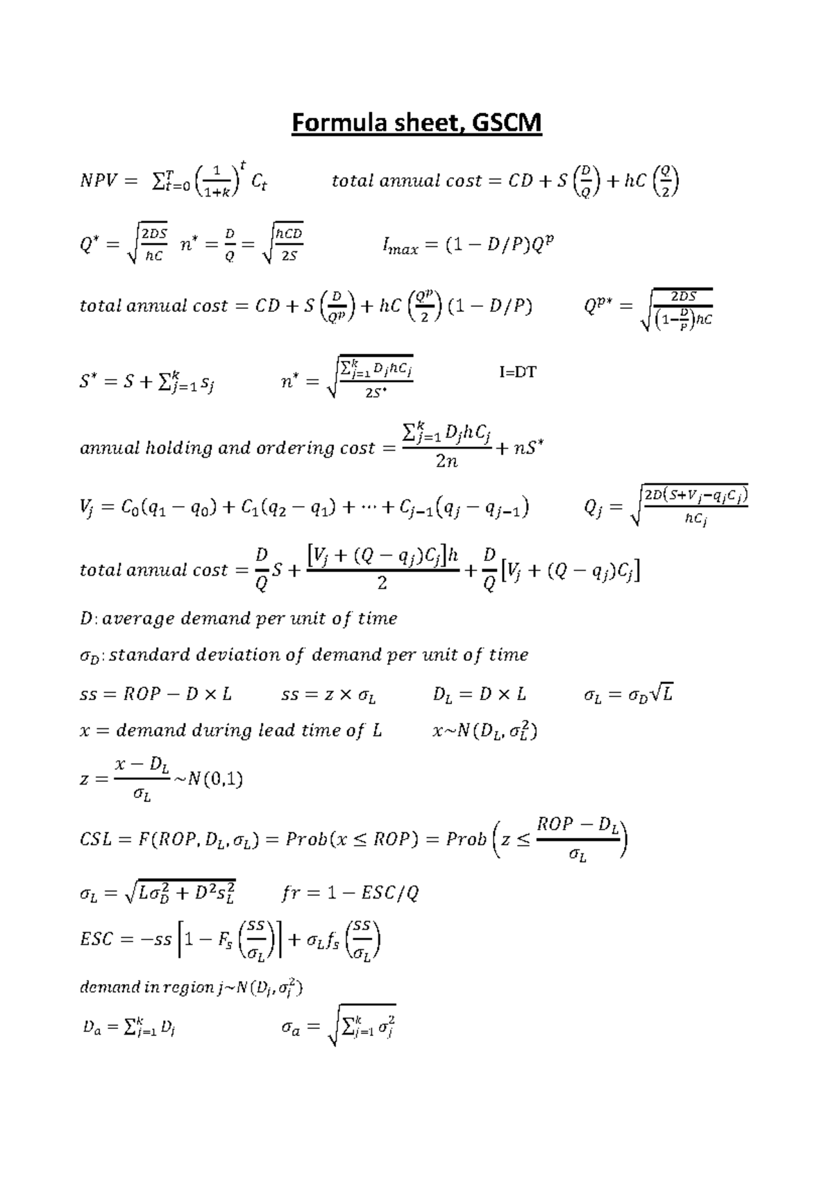 GSCM 101: Key Formulas for Supply Chain Management Review Sheet ...