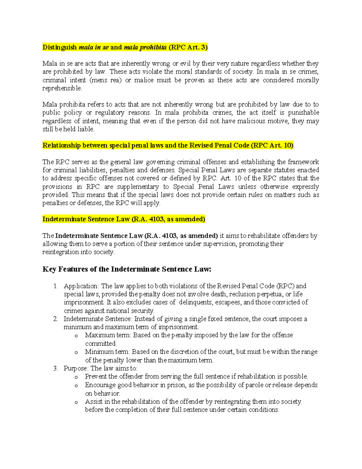 RPC Art. 3: Distinguishing Mala in Se and Mala Prohibita Concepts - Studocu