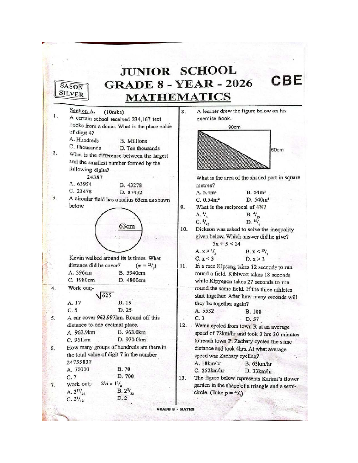 GRADE 8 MATHS CBE SILVER EXAM NOTES 2026 - Studocu