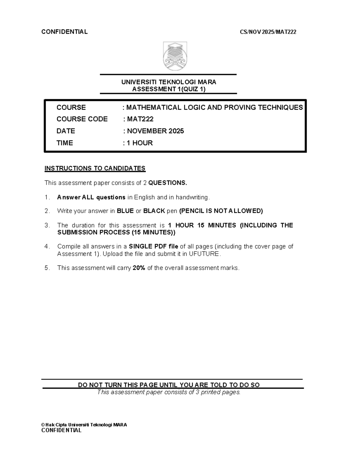 Assessment 1 Quiz 1 for MAT222: Mathematical Logic Techniques - Studocu