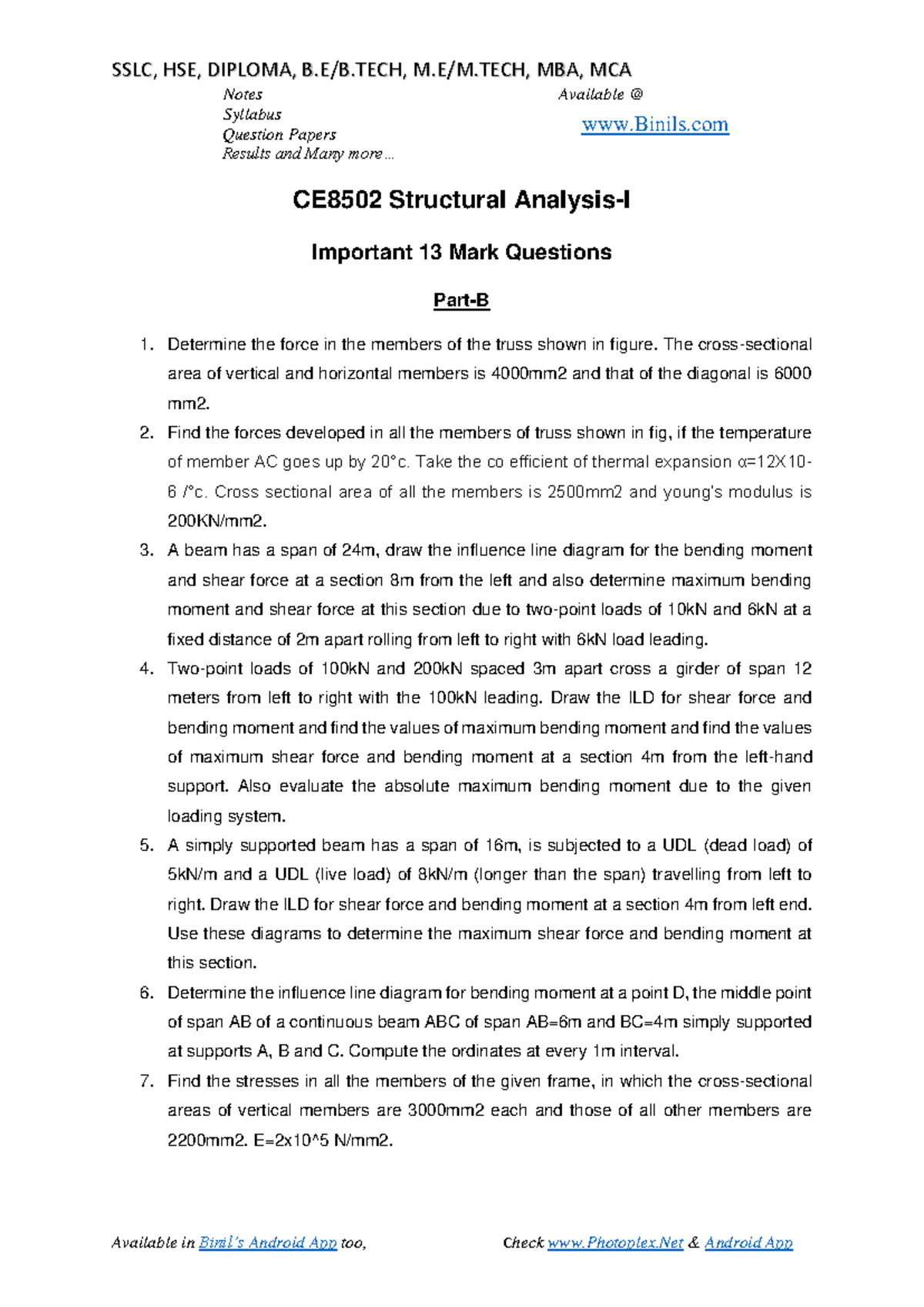 CE8502 Structural Analysis I: Important 13 Mark Questions - Studocu