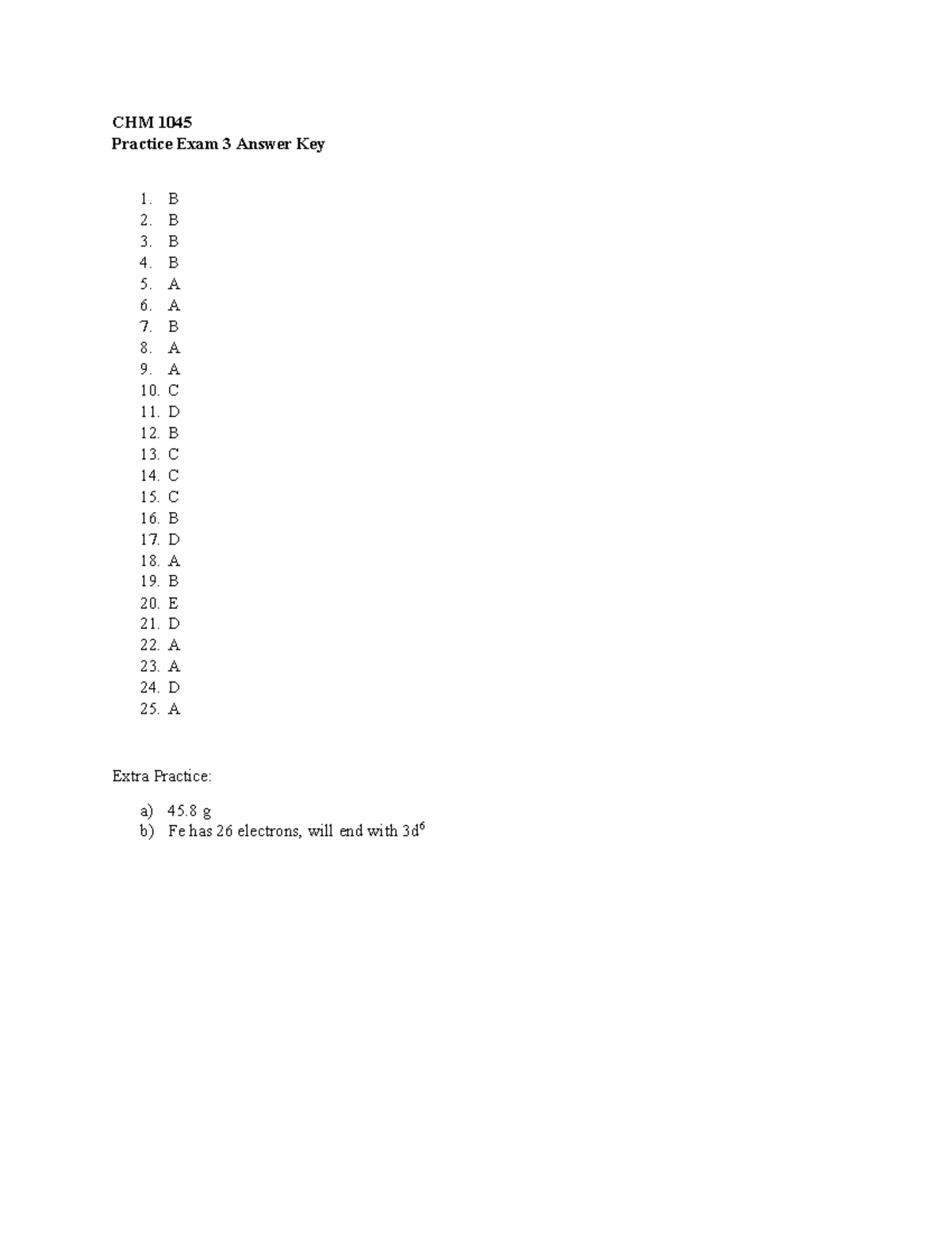 CHM 1045 Final Exam Practice Exam 3 Answer Key - CHM1045 - CHM 1045 ...