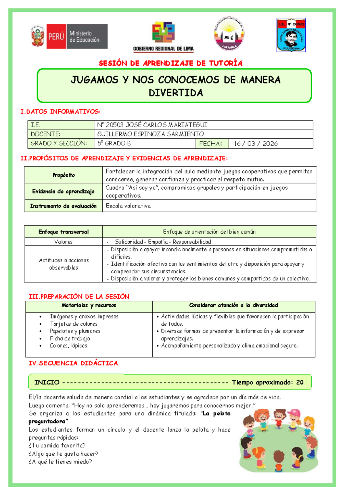 SESION DE APRENDIZAJE: JUGAMOS Y NOS CONOCEMOS - I.E. 20503 - Studocu