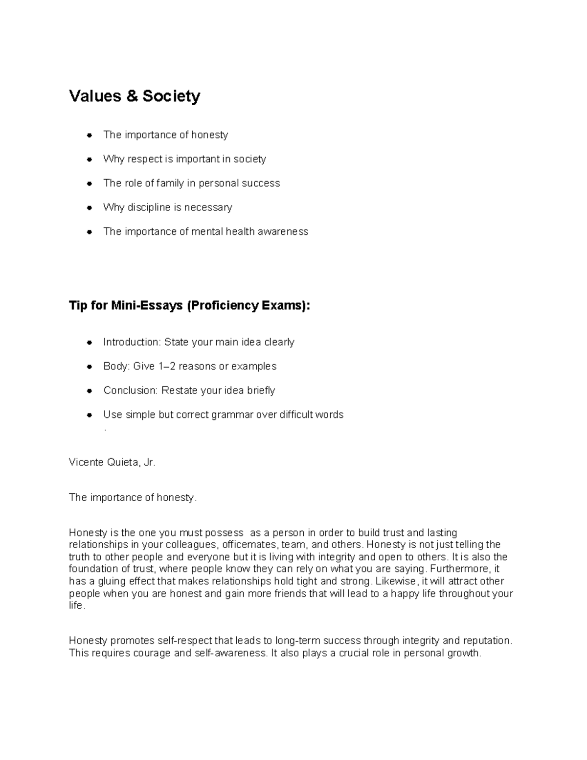 MINI-ESSAY TOPICS: Lecture Notes on Values and Society - Studocu