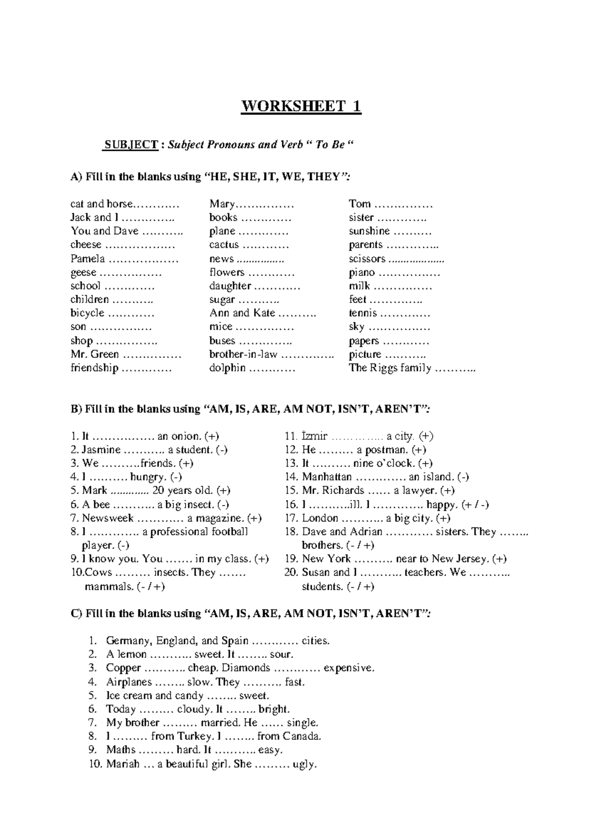 WORKSHEET 1: Subject Pronouns & Verb To Be Review (ESL) - Studocu