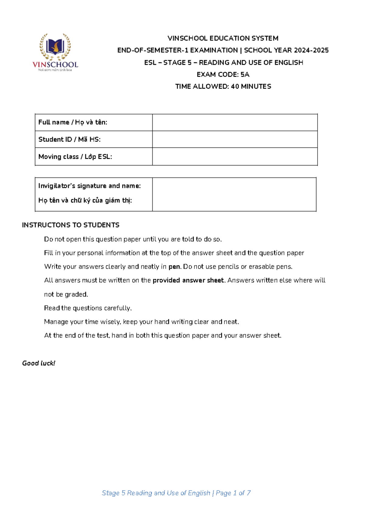 Stage 5 ESL Reading & Use of English Exam - Code 5A - Studocu