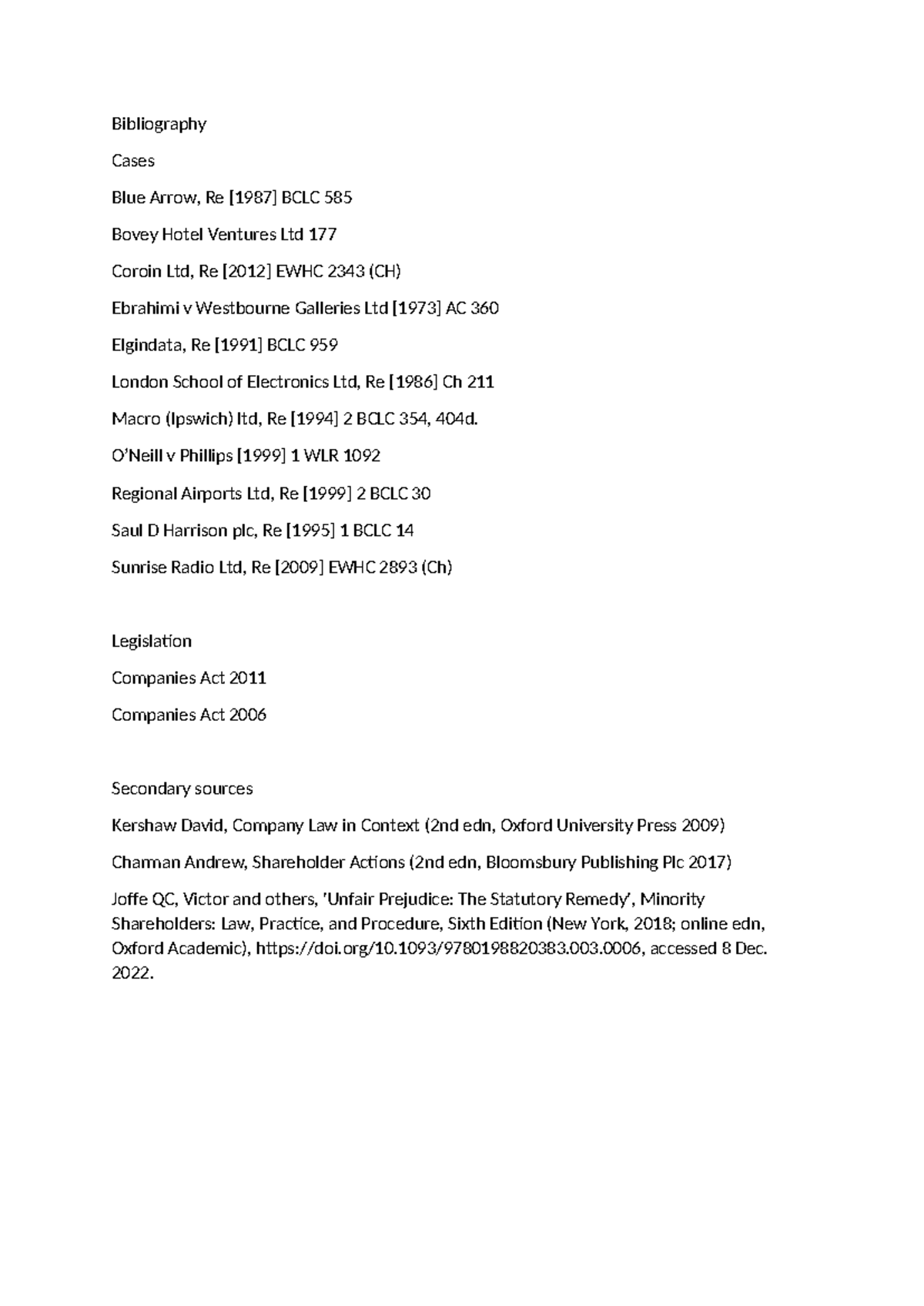 BIBLIOGRAPHY Company law - Bibliography Cases Blue Arrow, Re [1987 ...
