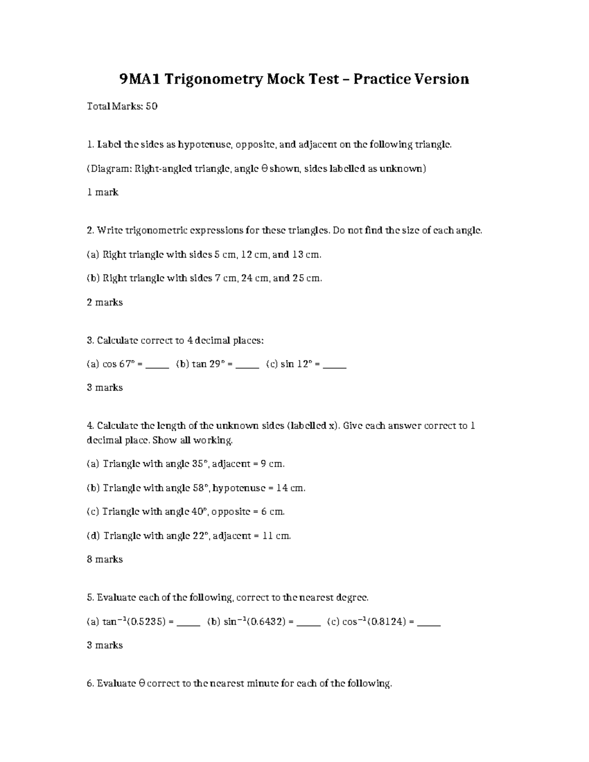9MA1 Trigonometry Mock Test Practice - Total Marks: 50 - Studocu