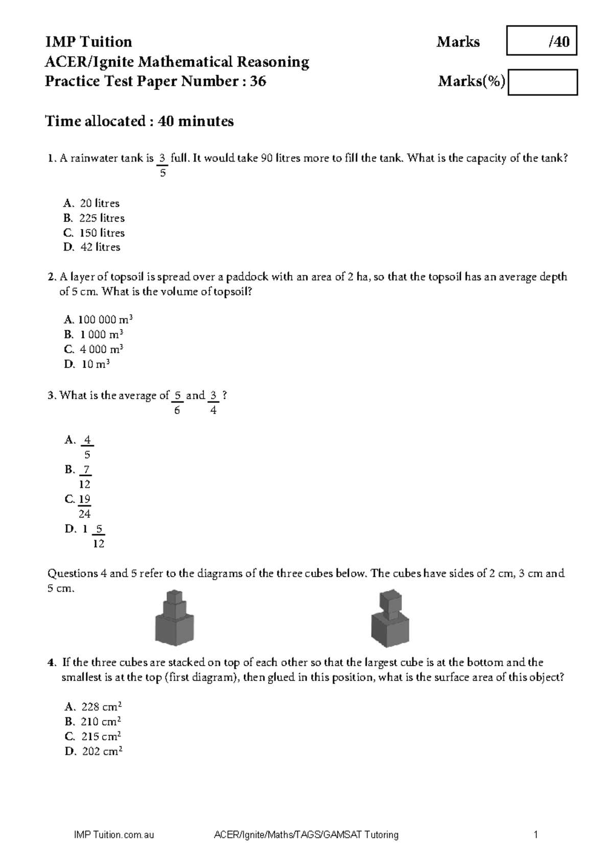 ACER Mathematical Reasoning Practice Test Paper with Solutions - Studocu
