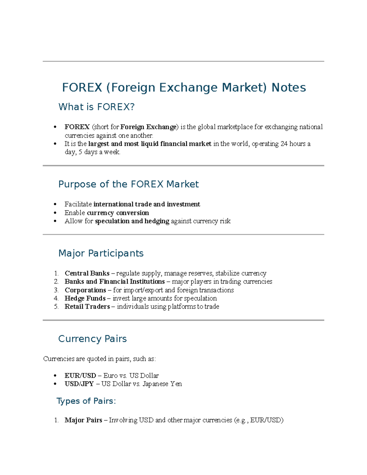 FOREX (FIN 101) Concise Reviewer for Foreign Exchange Market - Studocu