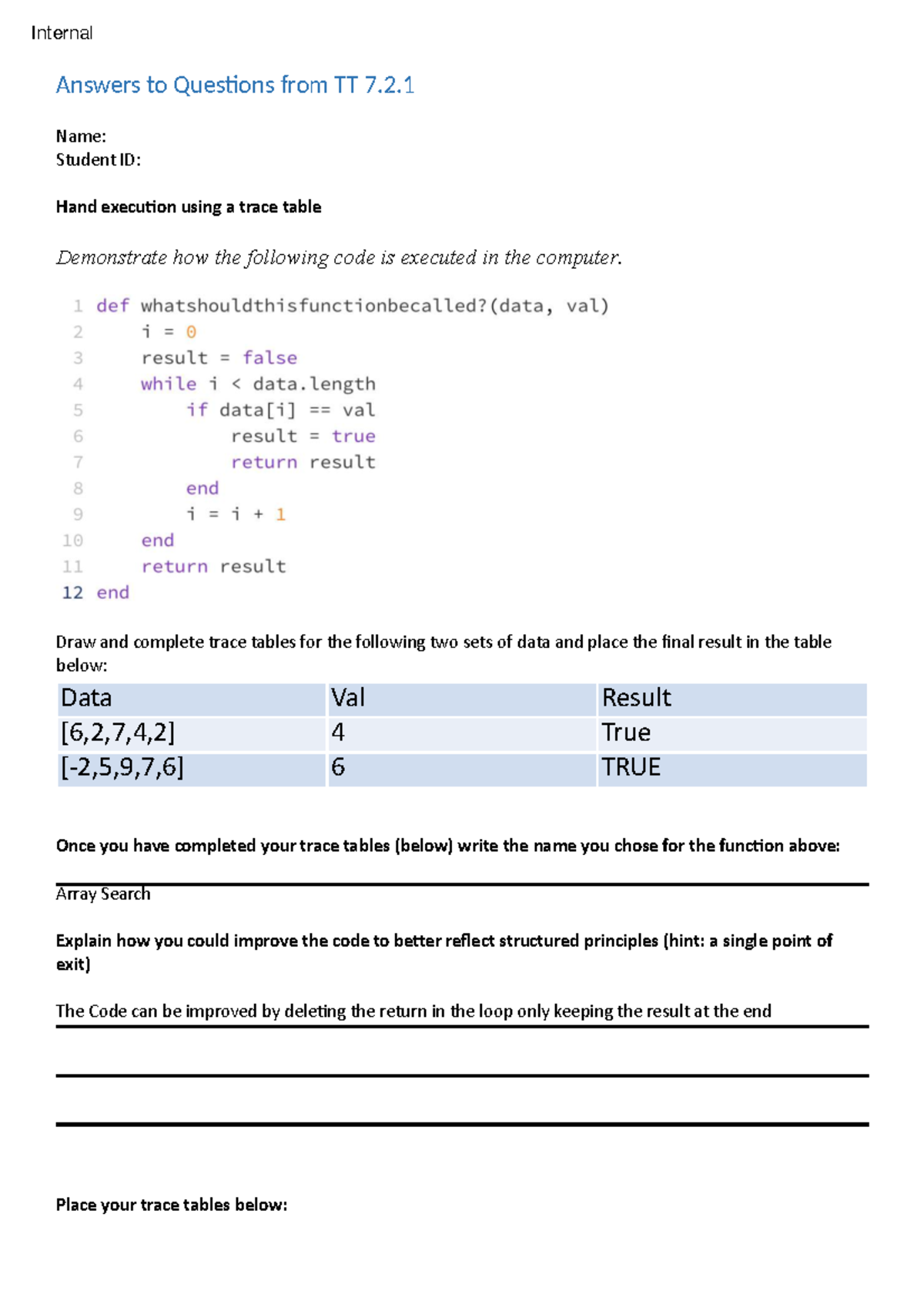 Tutorial Task TT 7.2.1 - Hand Execution of Array Search - Studocu