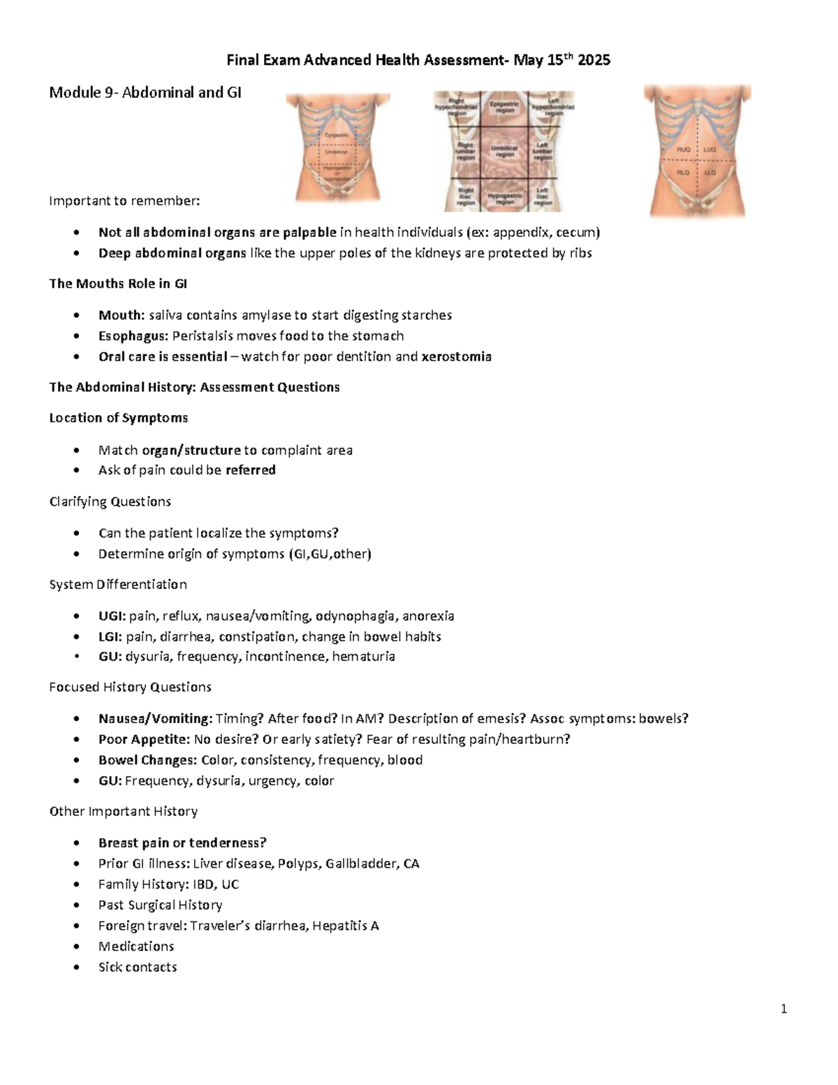 Final Exam Health Assessment (Module: Abdominal & GI) - Key Concepts ...