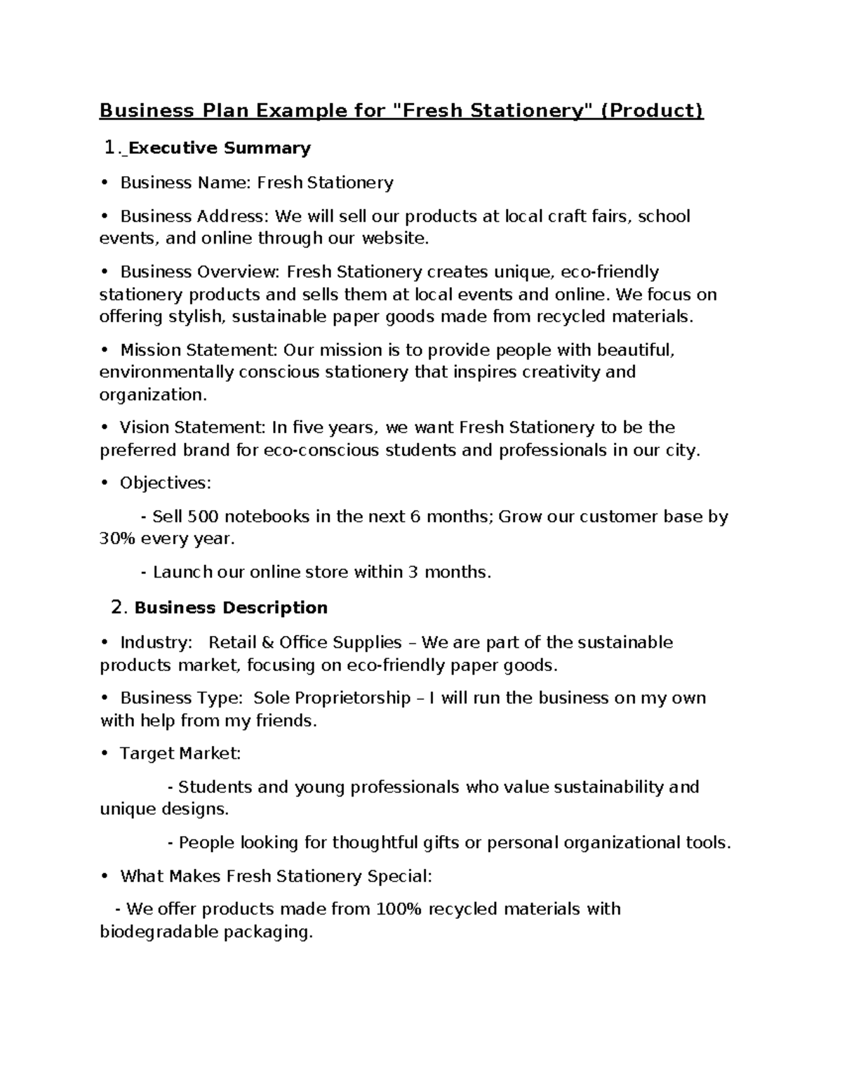 BUS 101: Business Plan Example for Fresh Stationery Shop - Studocu
