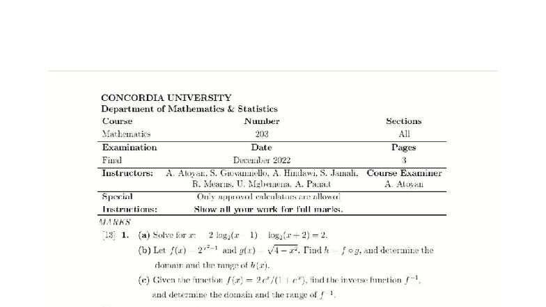 Math 203 Final Exam - December 2022 - Concordia University - Studocu