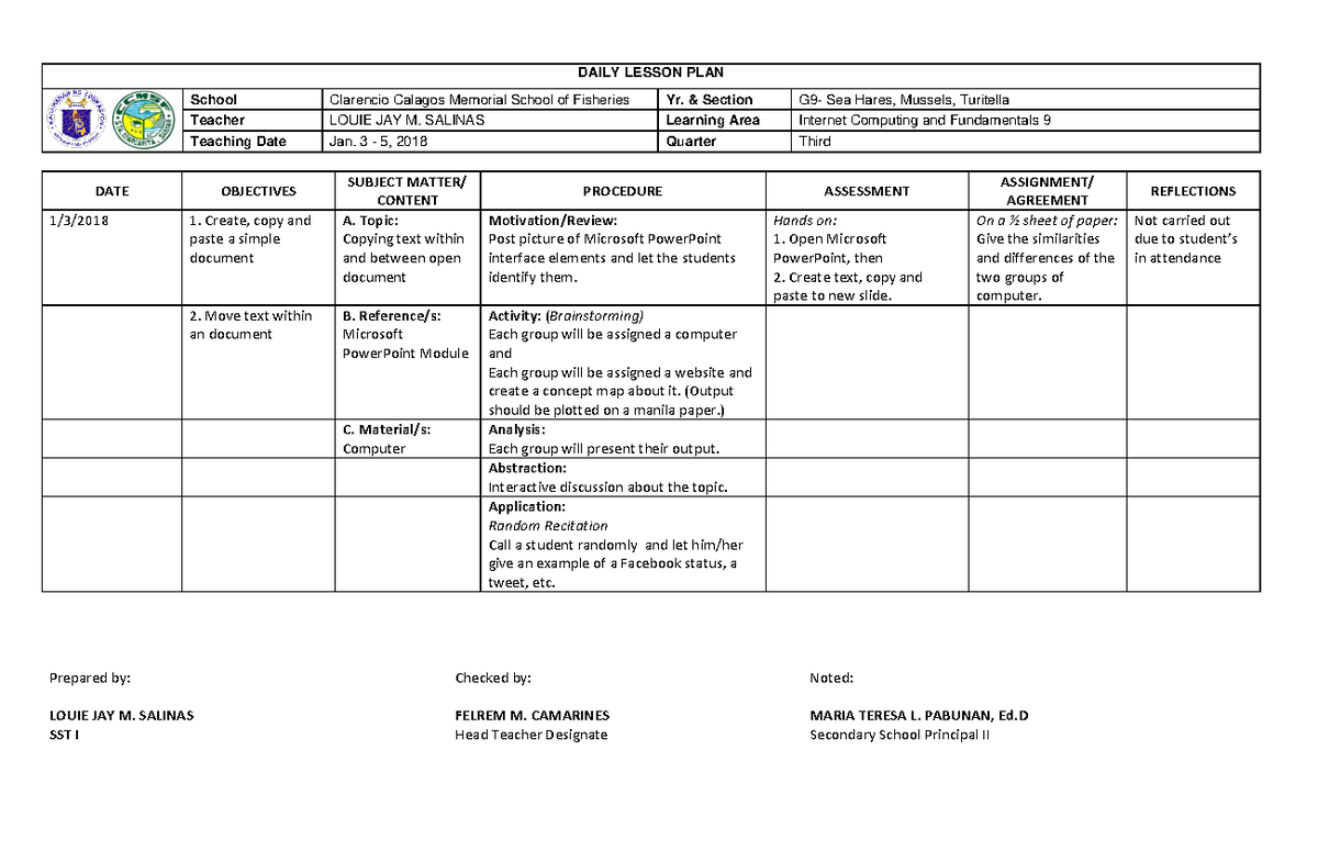 Icf 9 - Daily Lesson Plan: Internet and Computing Fundamentals - Studocu