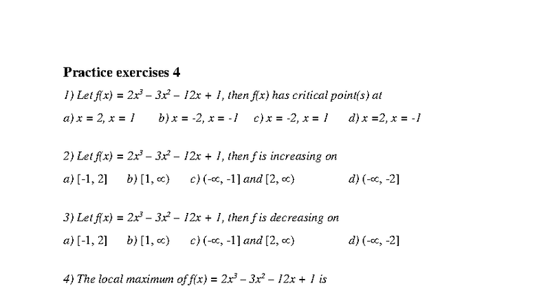 Practice Exercises 4 - Calculus 1 for CS Majors - Studocu