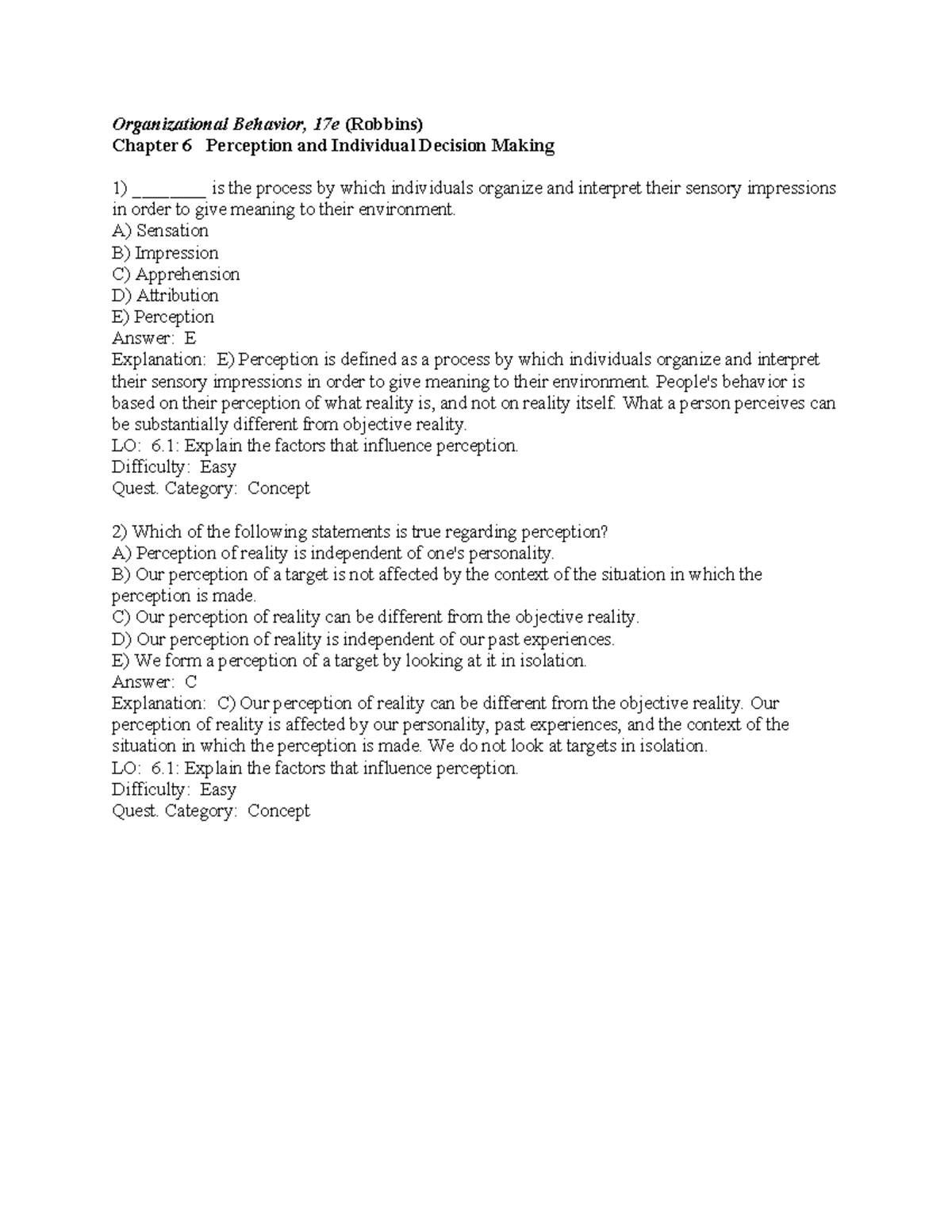 Organizational Behavior 17e (Robbins) Chapter 6: Perception & Decision ...
