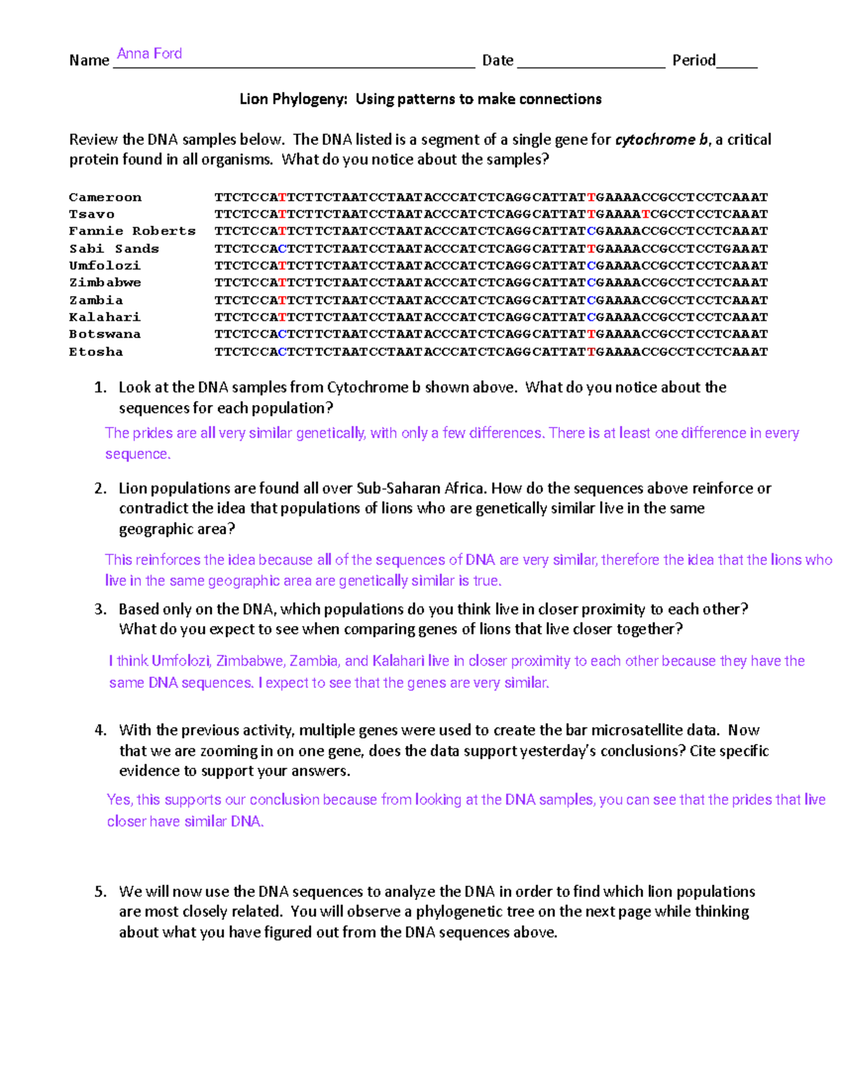 Lion Phylogeny Challenge - Analysis of Cytochrome b DNA Samples - Studocu