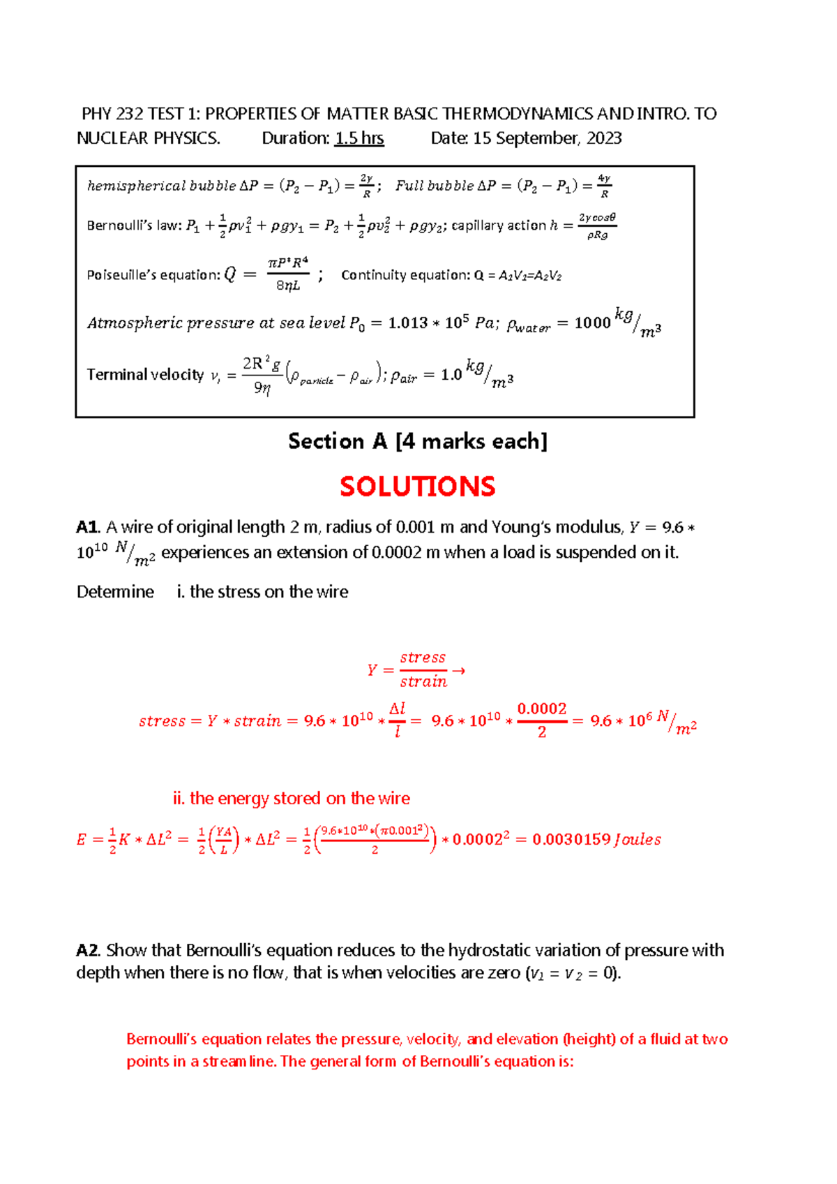 PHY 232 Test 1 Solutions: Properties of Matter & Thermodynamics - Studocu