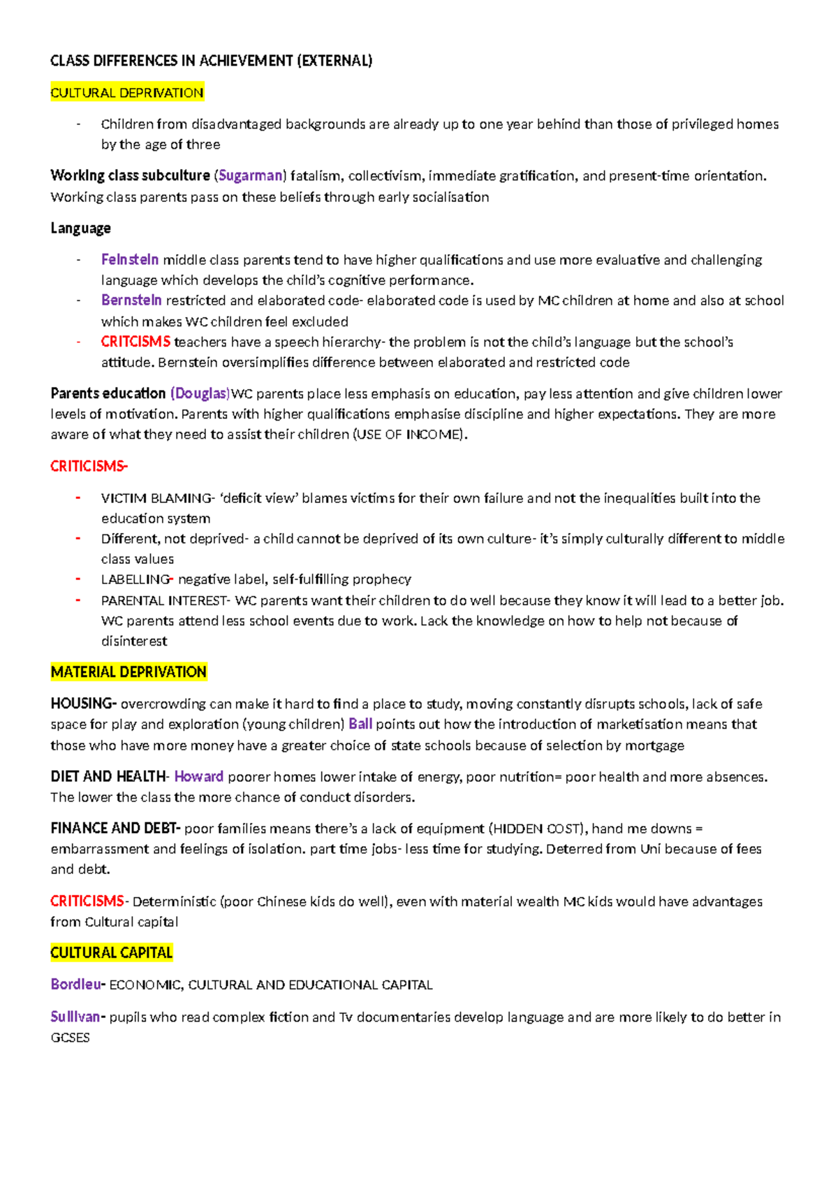 Education Aqa socio - CLASS DIFFERENCES IN ACHIEVEMENT (EXTERNAL ...