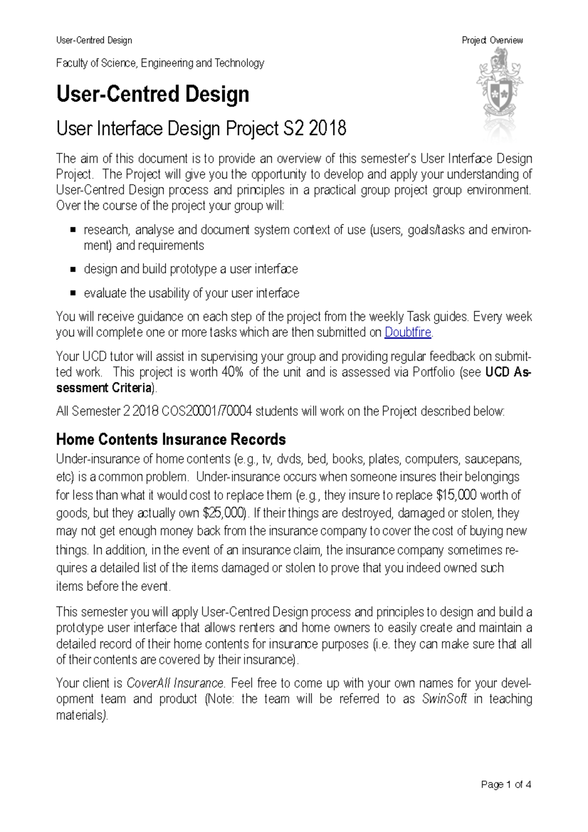 UCD Project Description 2018 S2 - User-Centred Design Project Overview ...