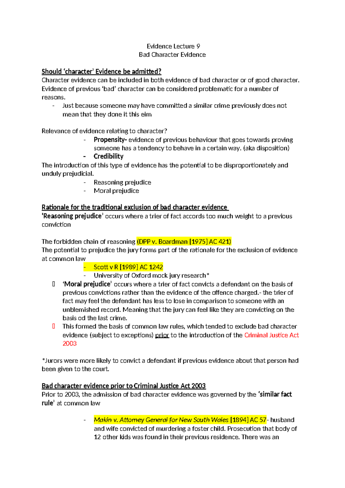 Lecture 9: Understanding Bad Character Evidence in Law - Studocu