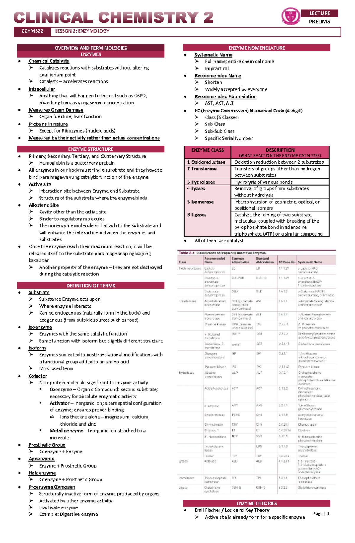 CLINICAL CHEMISTRY 2 CCHM322 LECTURE PRELIMS: ENZYMES AND THEIR ...