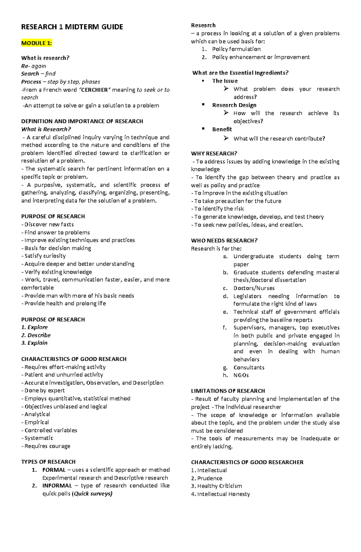 Research 1 Midterm Guide - RESEARCH 1 MIDTERM GUIDE MODULE 1: What is ...