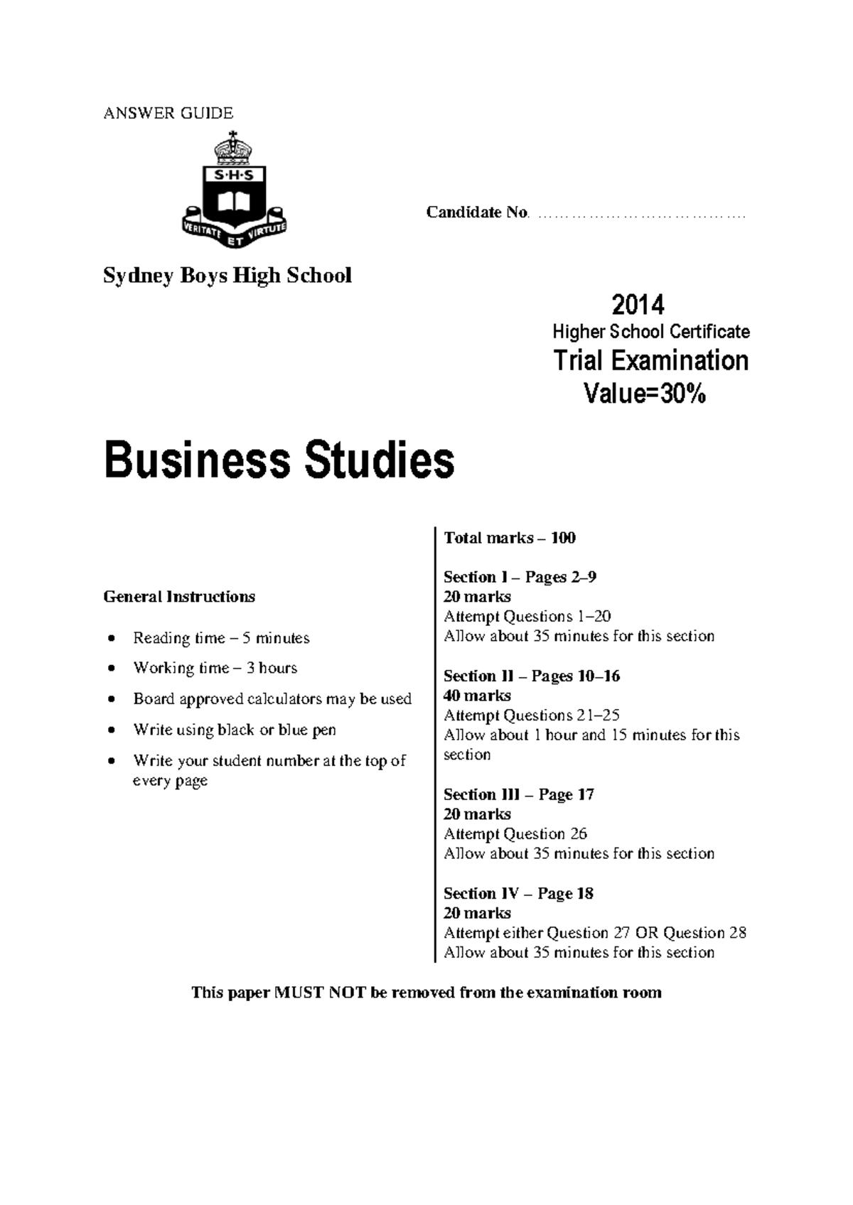 Sydney Boys High 2014 HSC Business Studies Trial Exam Solutions - Studocu