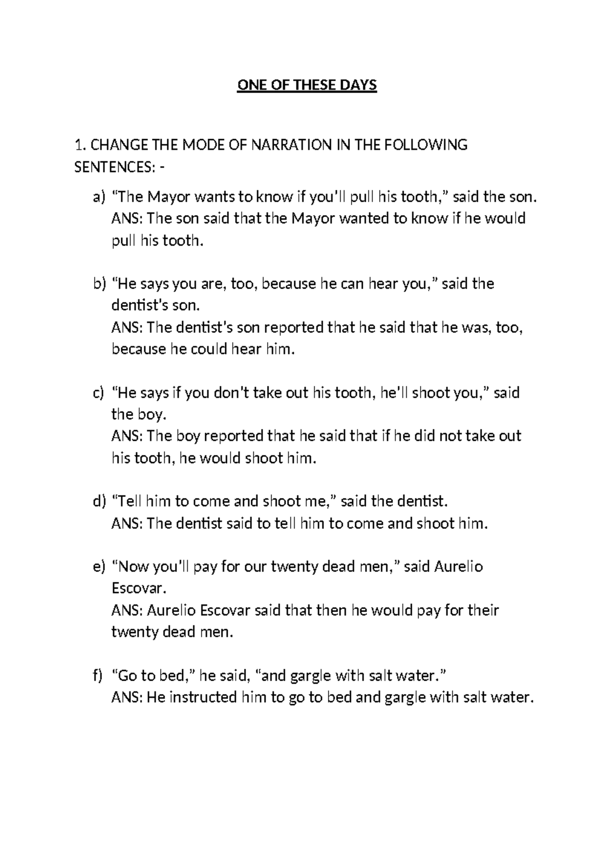 ONE OF THESE DAYS 2 - NARRATION CHANGE EXAMPLES AND ANSWERS - Studocu
