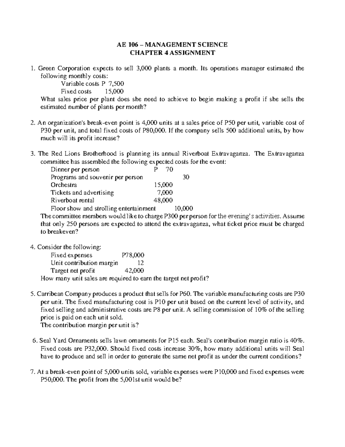 AE 106 MANAGEMENT SCIENCE CHAPTER 4 ASSIGNMENT ANALYSIS - Studocu