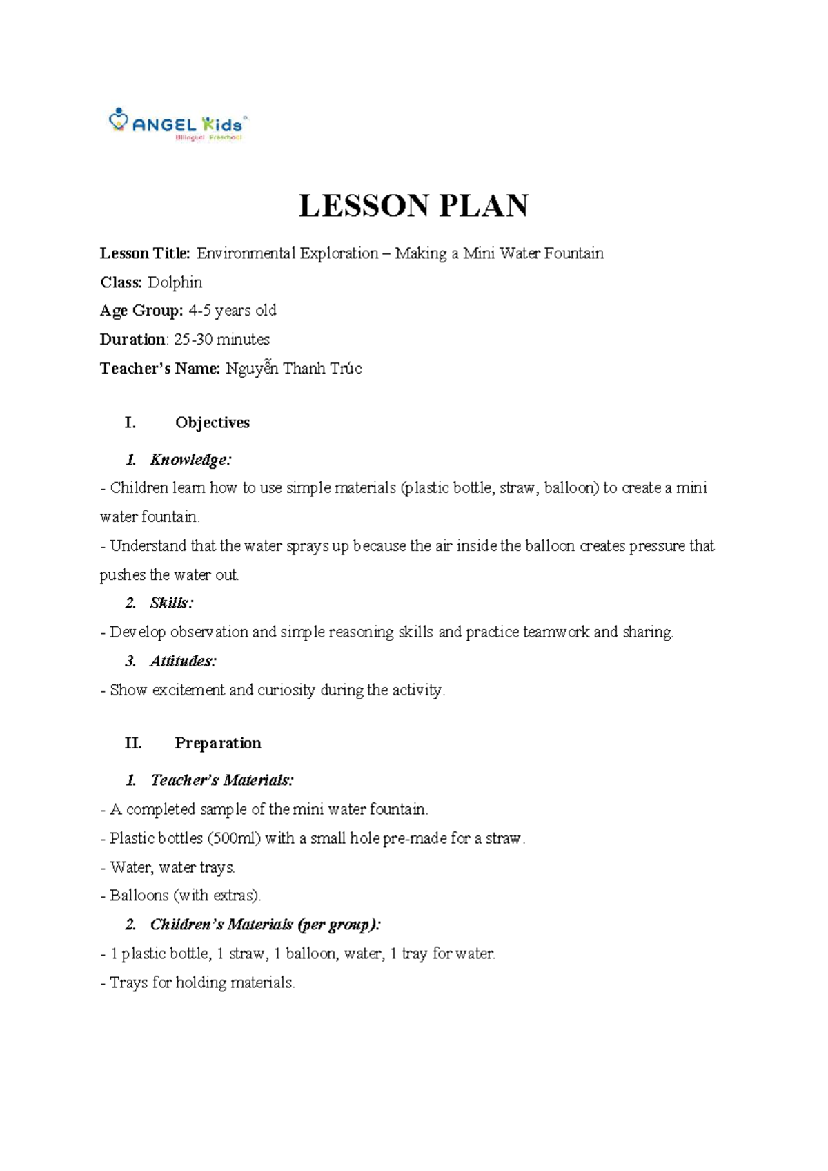 DOLPHIN CLASS LESSON PLAN: Mini Water Fountain Exploration - Studocu