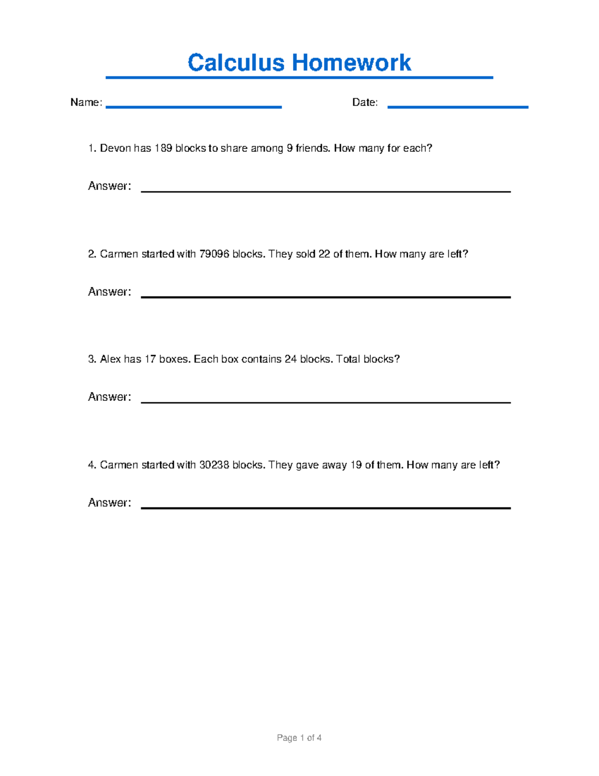 Calculus Homework 4: Problem Set and Answer Key - Studocu
