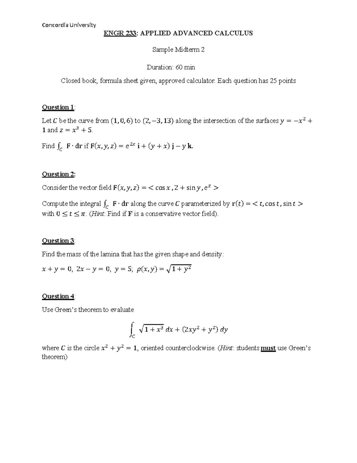 Concordia University ENGR 233: Sample Midterm 2 Review Notes - Studocu