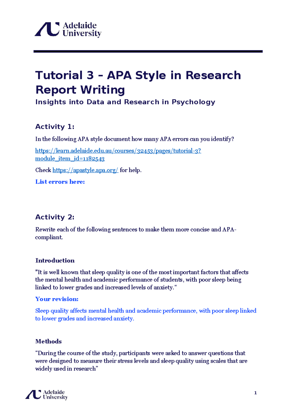 Tutorial 3: APA Style in Research Report Writing - Worksheet - Studocu