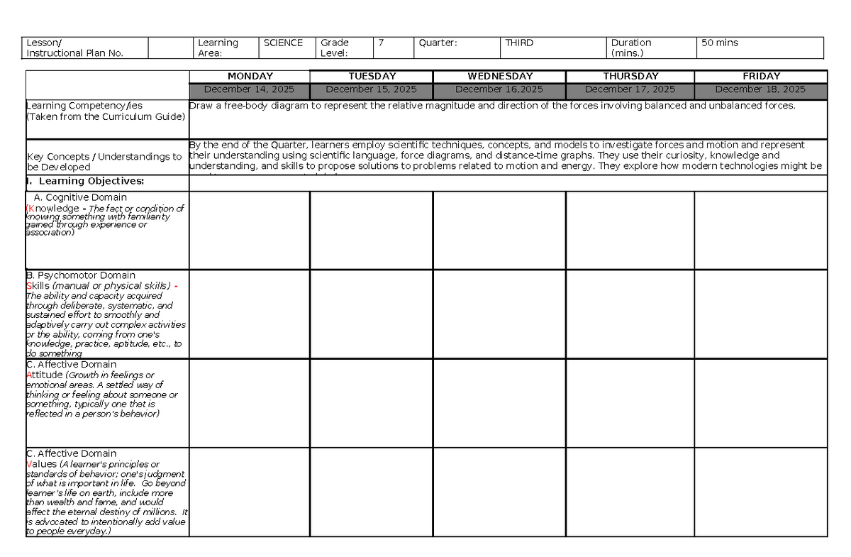 Instructional Plan for Grade 7 Science: Forces & Motion (Q3) - Studocu