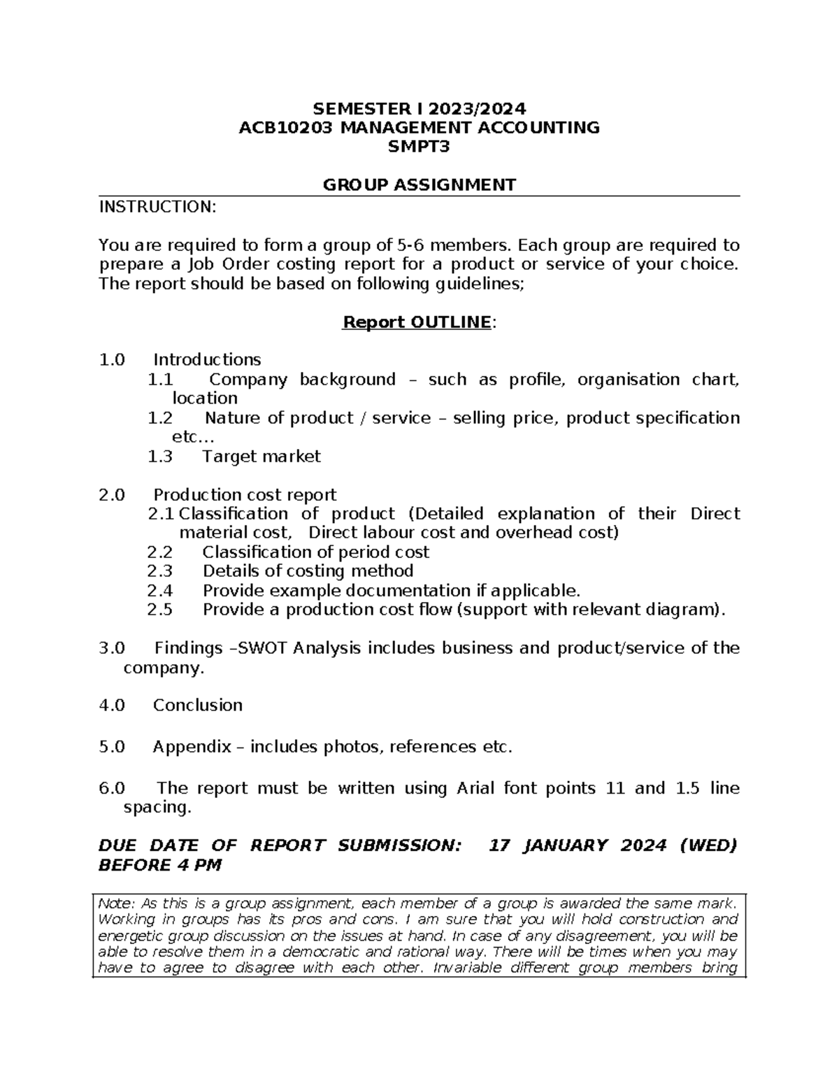Group Assignment: Job Order Costing Report for ACB10203 Management ...