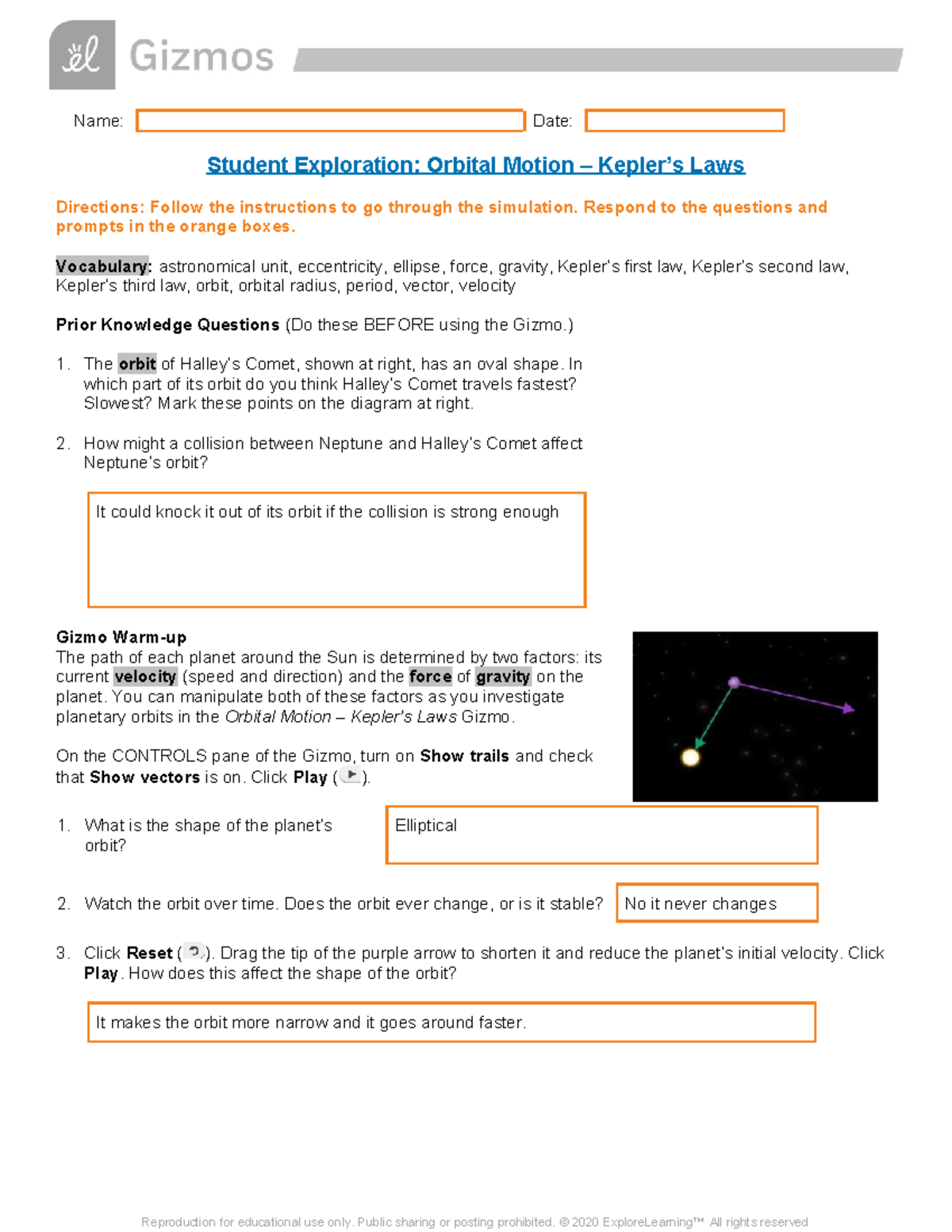 Orbital motion laws exploration: Gizmo activity guide - Studocu