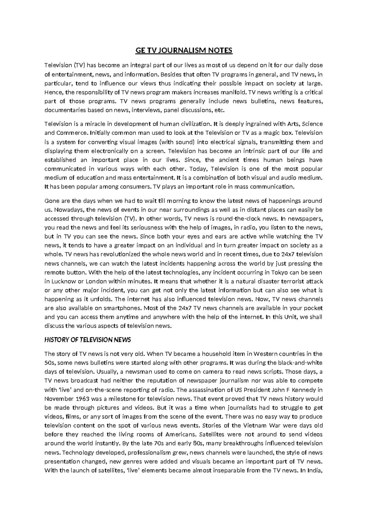GE TV Journalism Notes - GE TV JOURNALISM NOTES Television (TV) has ...