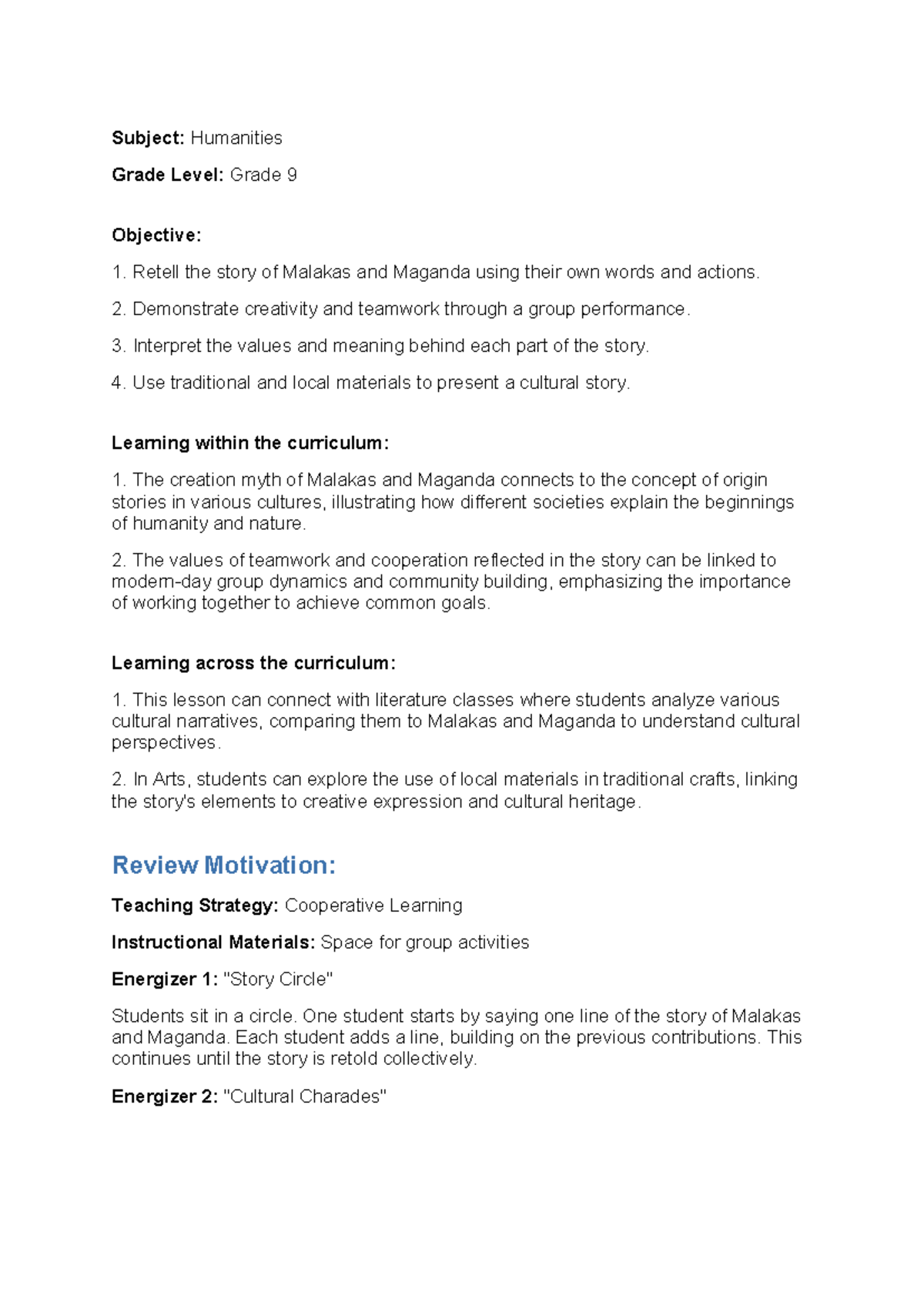 Lesson Plan: Malakas and Maganda (Grade 9 Humanities) - Studocu