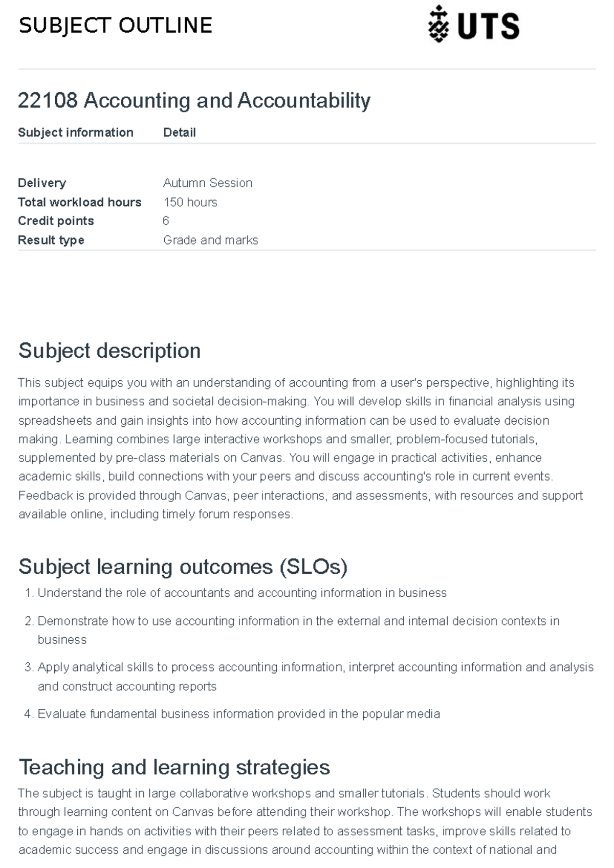 AAA 22108 Accounting and Accountability Subject Outline - Studocu