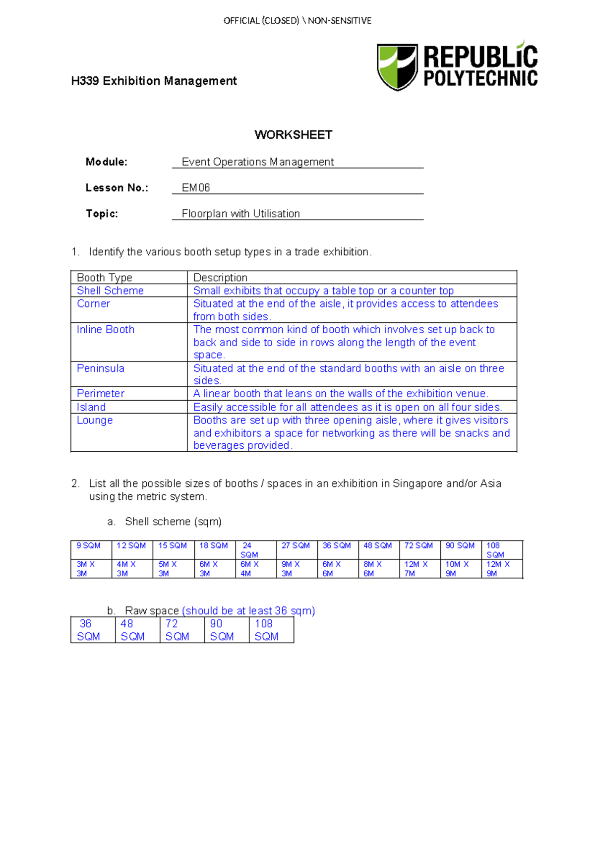 H339 EM Worksheet L06 - Exhibition Booth Types & Sizes - Studocu