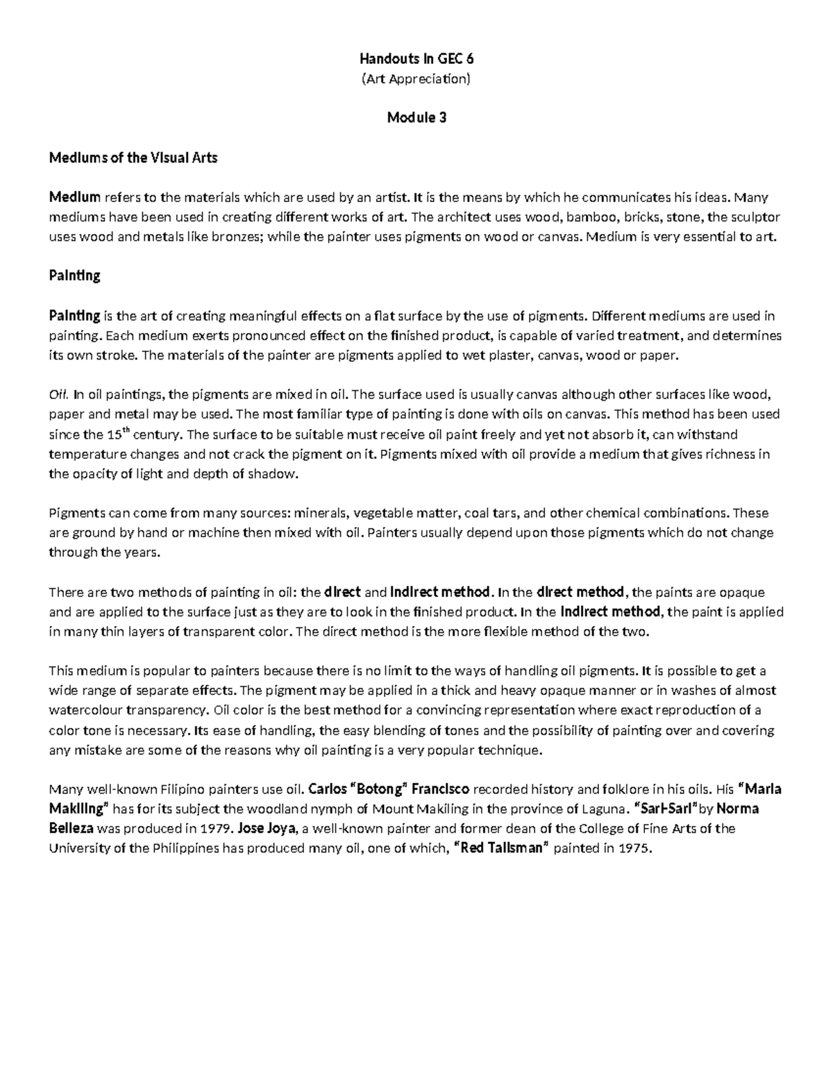 Handouts GEC 6 (Art Appreciation) Module 3 - Art Mediums Overview - Studocu